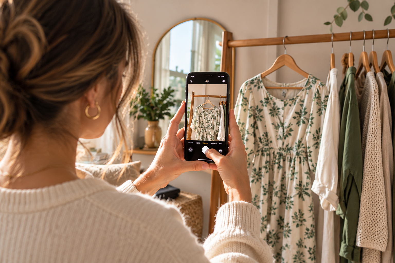 A woman photographing a preloved dress on a hanger with her phone